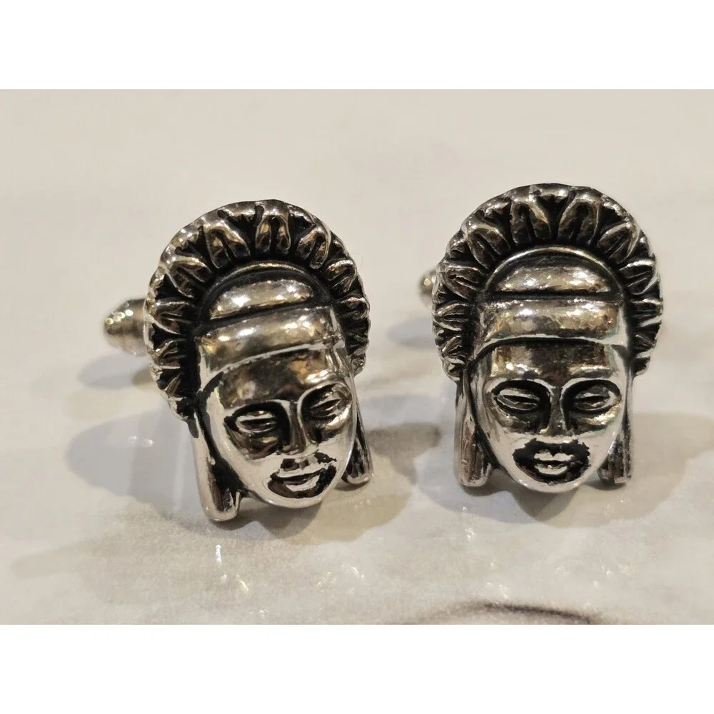 Vintage Silver Tone Warrior Face Cufflinks Tribal Mask Head Mens Cuff Links 1215